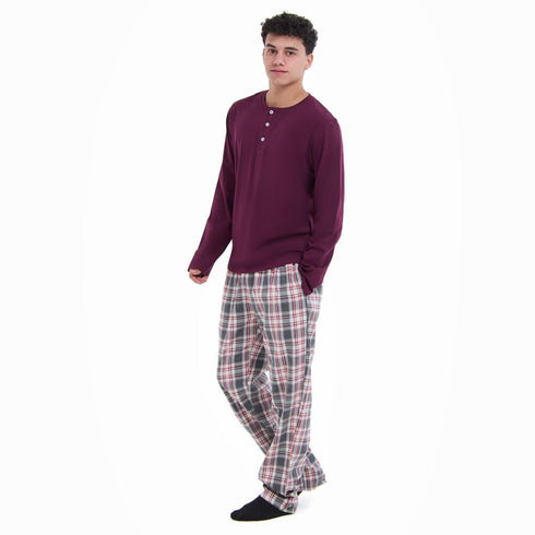 Men Fall Pajama Set Dark Red Buttoned Sweatshirt + Dark red x Grey checkered Pants